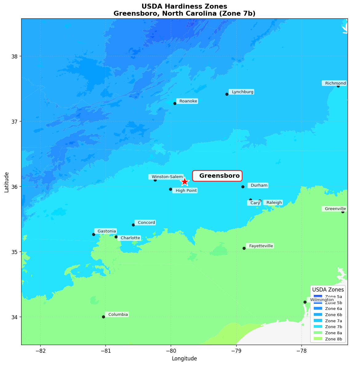 USDA Hardiness Zone 7b Map for Greensboro, NC
